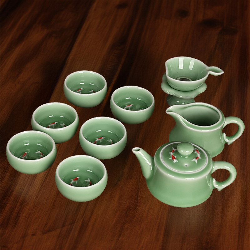 精品青瓷双鱼功夫茶具10头套