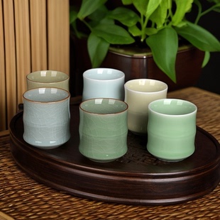 精品流转千年青瓷竹节办公杯六色陶瓷水杯家用泡茶杯酒店小酒杯