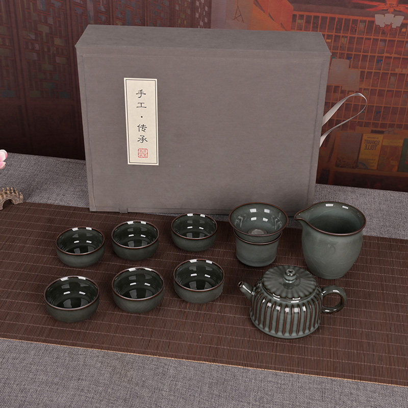 流转千年青瓷复古铁胎功夫茶具10件套家用陶瓷茶具杯壶组合套装