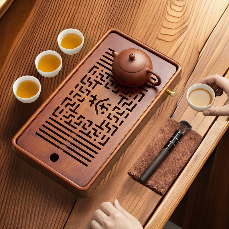 储排两用茶窗茶盘竹+花梨木家用中式简约长方形茶台茶海茶具配件