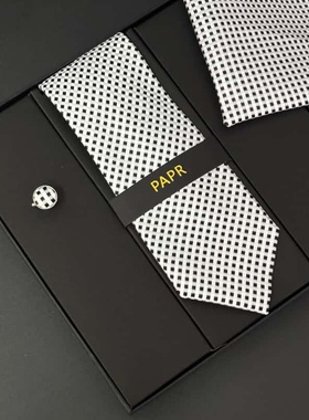 Papr一件套装方巾袖口领带职业商务时尚白色格子男士领带礼盒装