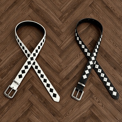 Papr菱格黑白棋盘皮带男女同款拼接双缝暗线菱形质感腰带穿搭配饰