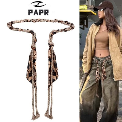 编织豹纹腰带女款复古丝巾腰绳系带装饰配牛仔裤裙子波西米亚配饰