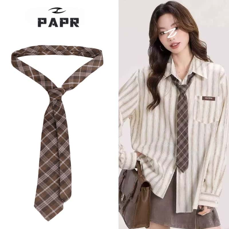 Papr咖色格子条纹领带女配牛仔裤子配饰腰带百搭长条丝飘腰间饰品