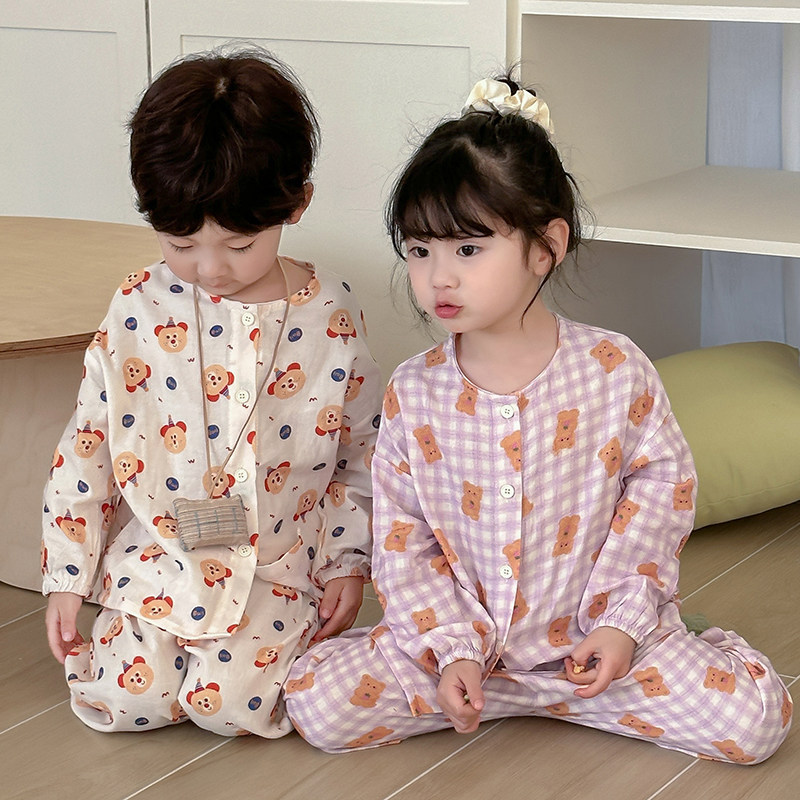韩国儿童睡衣套装春夏季薄款男女童纱布家居服宝宝棉麻长袖空调服