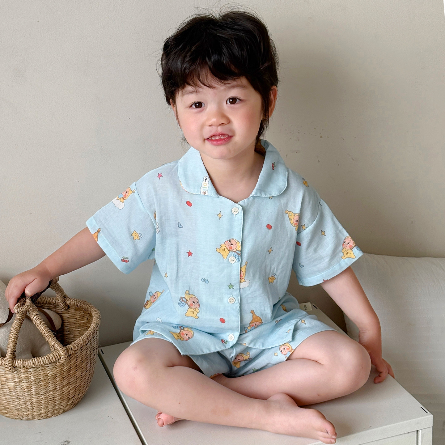 夏天韩系a类纱布男女童睡衣短袖短裤卡通儿童纯棉薄款家居服套装图片