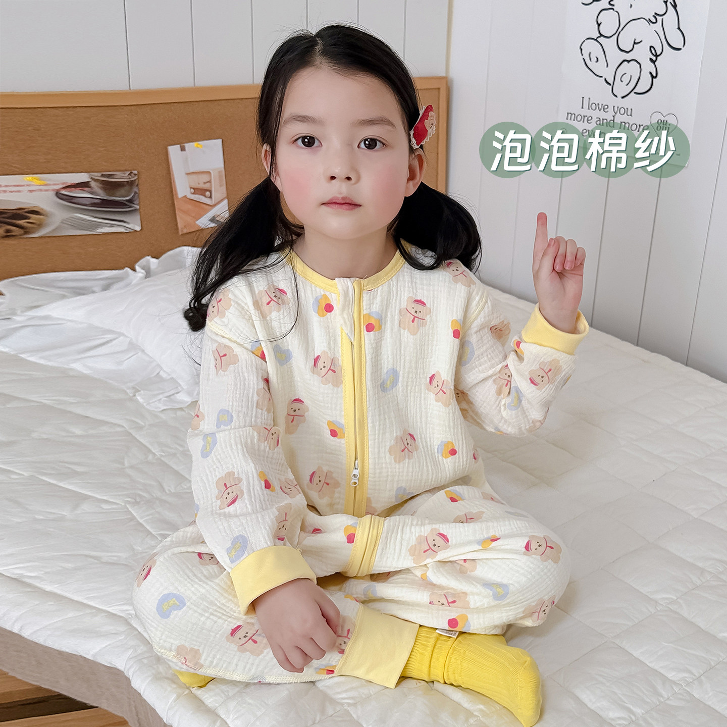 春夏款儿童连体睡衣A类男女童薄款纱布睡袋宝宝纯棉春秋季家居服