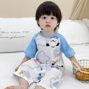 男童女宝宝套头连体睡衣卡通 防踢被纯棉薄款 婴儿睡袋夏季 儿童短袖