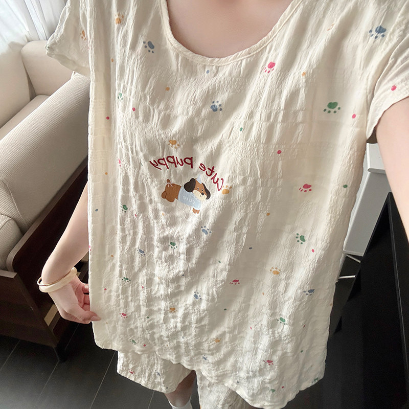 女大童睡衣带胸垫夏季短袖薄款初中生女孩腊肠狗防凸点家居服套装 - 实物图