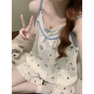吊带睡衣女款学生夏季带胸垫短裤套装中大童甜美可爱家居服两件套