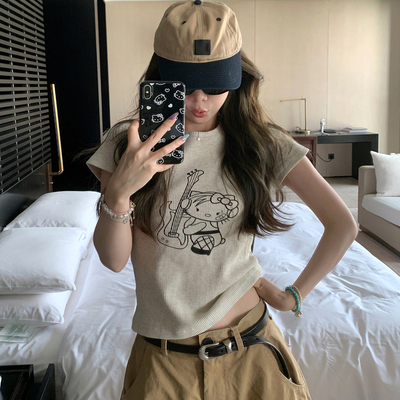 华夫格kitty印花短袖t恤女正肩