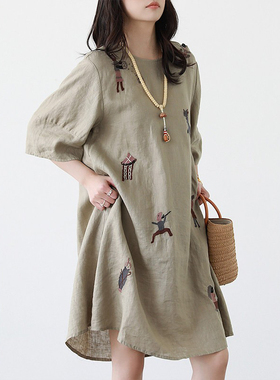 知意日系100%亚麻手工刺绣连衣裙女26夏季简约圆领宽松透气小黑裙
