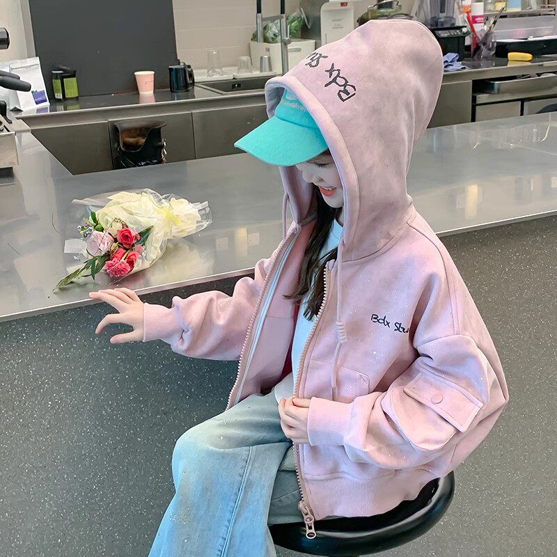 여아 재킷 봄 재킷 2024 새로운 아동 유행 봄 가을 후드 이른 봄 큰 아동 재킷