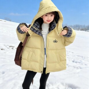 女童中性风连帽棉服2025新款大童儿童加厚格子假两件冬季新款棉衣