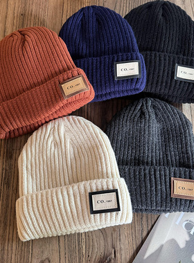 2024秋冬新款男女通用黑色加绒毛线帽简约保暖护耳针织帽休闲帽子