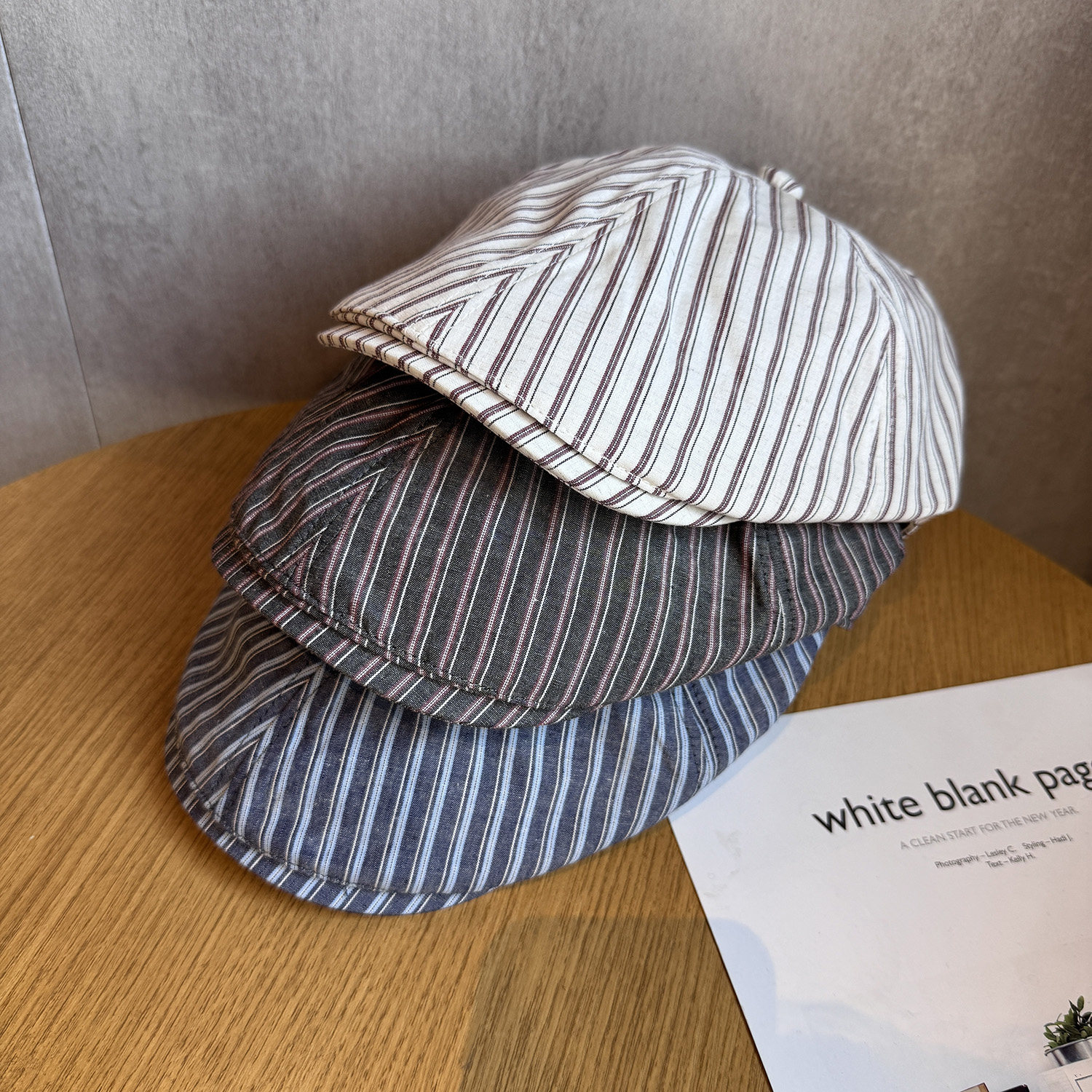 日系复古条纹前进帽女夏季新款百搭显脸小报童画家帽贝雷帽子男潮