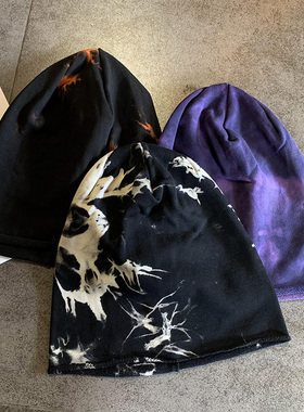 网红街头紫色扎染涂鸦堆堆帽女秋季时尚头巾帽日系素颜懒人包头帽