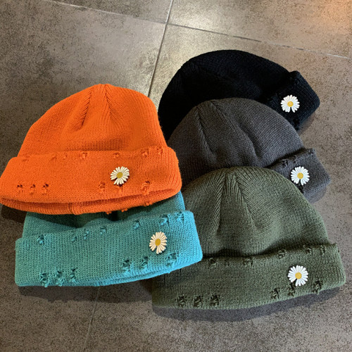 破洞小雏菊百搭雅痞地主毛线帽子