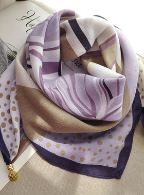 棉麻紫色丝巾女2025新款磁吸扣围巾款方巾高级感护颈三角巾围脖