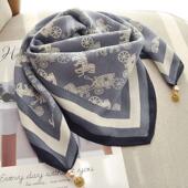 棉麻磁吸扣小丝巾方巾女新款 印花小马车护颈三角小围巾百搭时尚