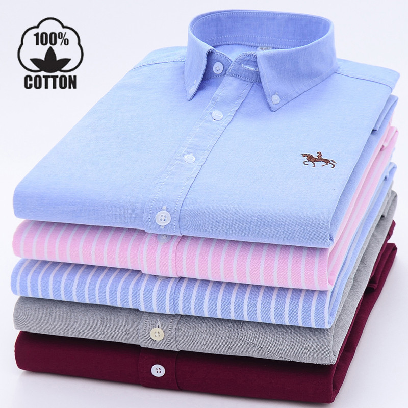 保罗秋季纯棉衬衫男士长袖牛津纺纯色加肥加大码宽松条纹全棉衬衣