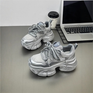 休闲鞋 水钻网面时尚 女2025春秋新款 小个子6cm厚底增高超轻老爹鞋