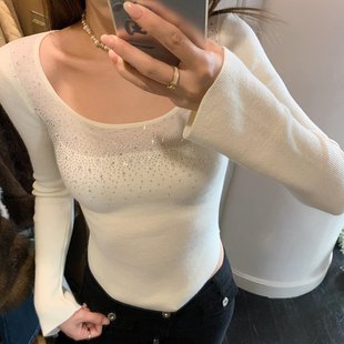 女秋冬气质超好看高级感内搭上衣女 针织衫 已到货 纯欲U领烫钻长袖