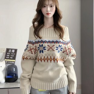 已出货 毛衣女早秋宽松慵懒风显瘦针织上衣 系费尔岛一字肩长袖