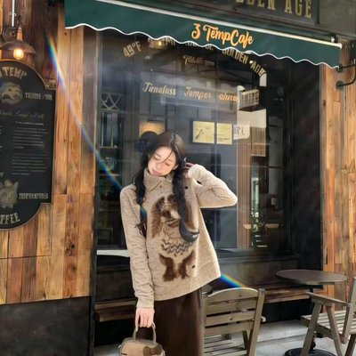 高级感斜领小狗提花毛衣套头外套秋冬2025新款大码女装针织衫上衣