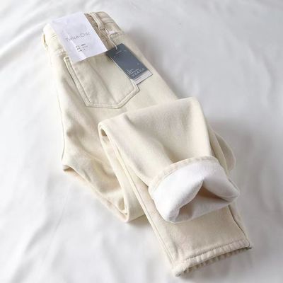 加绒加厚老爹裤女2025秋冬新款高腰显瘦米白色裤子宽松牛仔哈伦裤