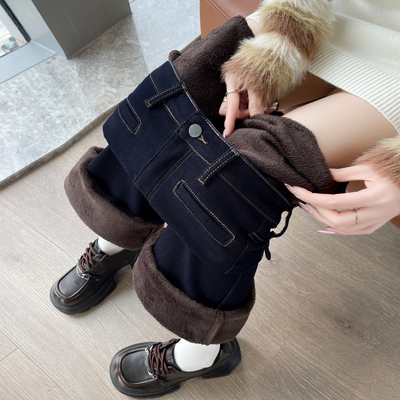 实拍高腰加绒加厚微喇牛仔裤女2025秋冬新款显瘦保暖百搭喇叭长裤