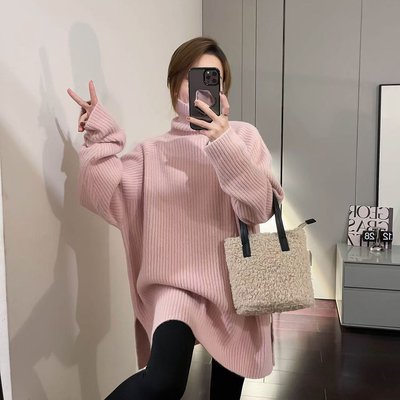 高领慵懒风宽松毛衣女秋冬2025韩版新款设计感开叉中长款打底上衣