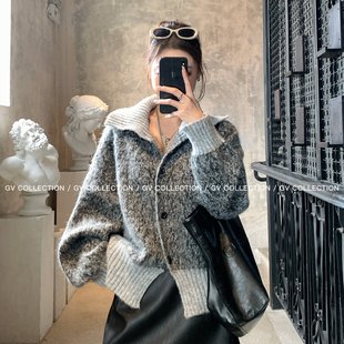 新款 GV大白哥 冬季 羊毛大翻领立领两穿混色毛衣开衫 上衣 松弛意式