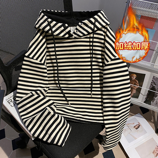 实拍条纹复合真超加绒420克卫衣女秋冬宽松条纹连帽保暖上衣