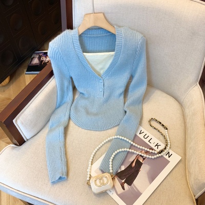 实拍~韩版秋冬季纯欲甜辣妹叠穿假两件软糯防貂绒毛绒绒上衣