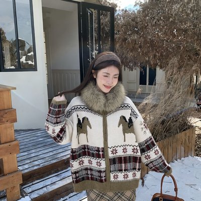 费尔岛连帽毛领毛衣外套女秋冬保暖外穿针织开衫慵懒风复古上衣