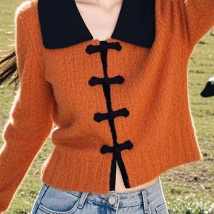 早秋新中式国风橘红色盘扣针织衫高级感超看慵懒风软糯毛衣女秋