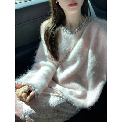 小香风粉色拼接套头软糯马海毛毛衣女秋冬季加厚慵懒风针织衫上衣