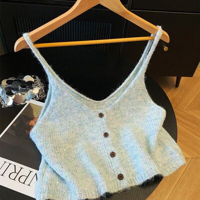 秋季新款纯色v领单排扣针织小吊带背心毛衣马甲叠穿内搭上衣女潮