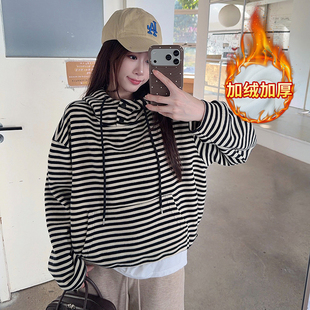 实拍条纹复合真超加绒420克卫衣女秋冬宽松条纹连帽保暖上衣