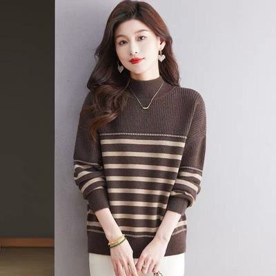 条纹宽松大码毛衣女秋冬季时尚胖mm上衣半高领加厚软糯打底羊毛衫