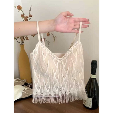 性感法式美背内衣女带胸垫流苏无袖吊带小上衣女夏季短款蕾丝背心