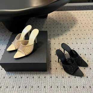 杨树林rose网纱水钻尖头高跟凉拖鞋女性感绝美一字露趾凉鞋拖鞋女