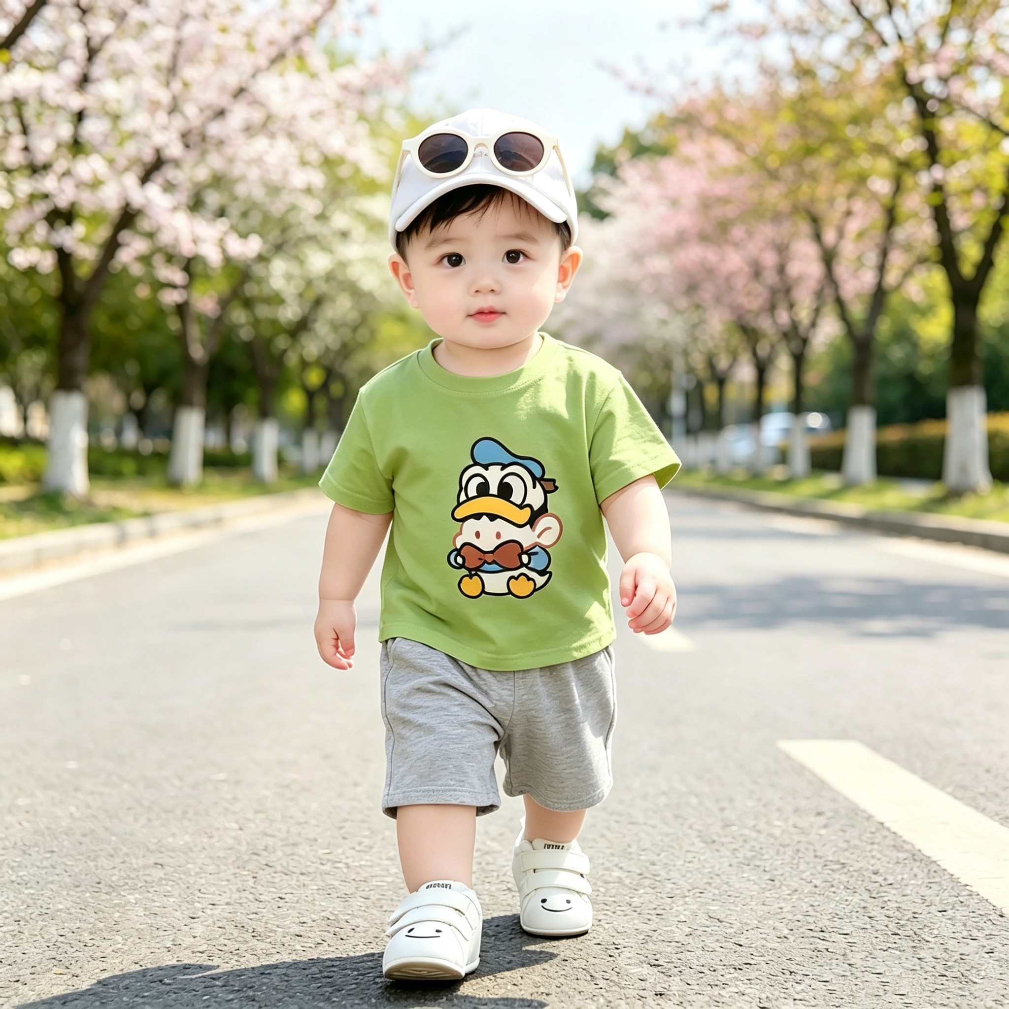 2026新款男童短袖纯棉套装儿童可爱小鸭子印花百搭宝宝上衣两件套