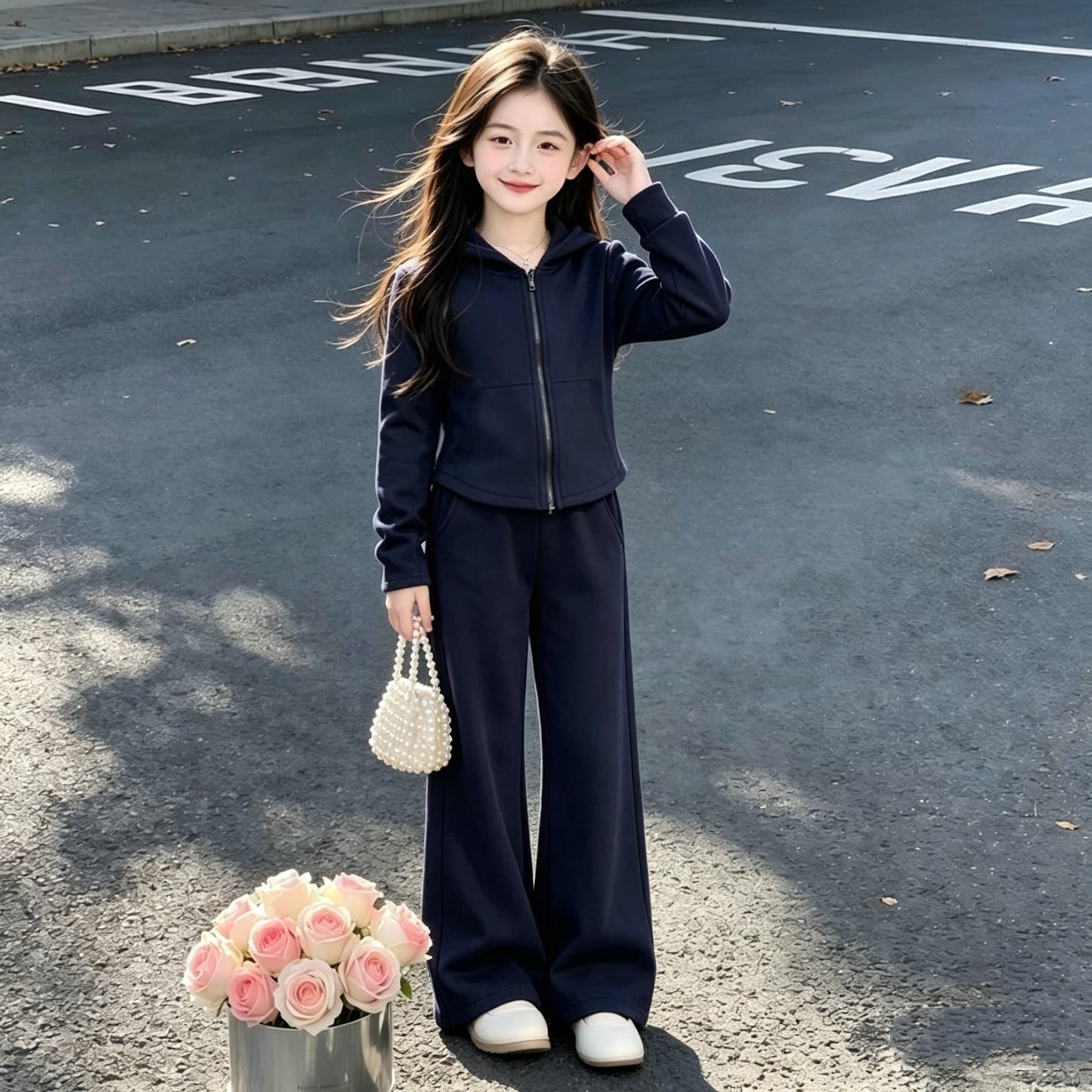 2026新款儿童春季洋气休闲连帽外套阔腿裤两件套女童春秋款套装潮