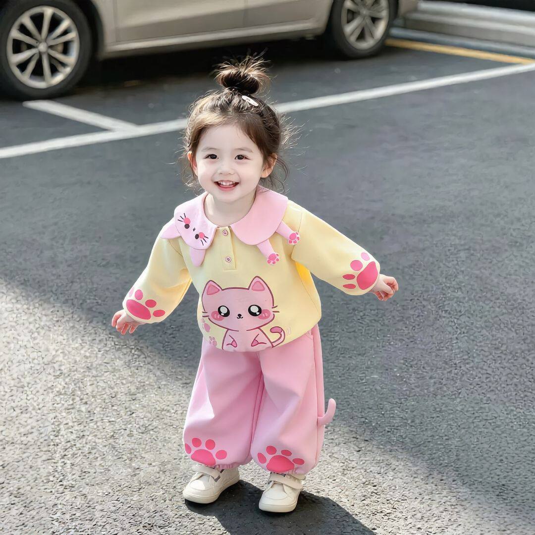 2026新款儿童洋气时髦秋装女宝宝卡通印花卫衣两件套女童春秋套装