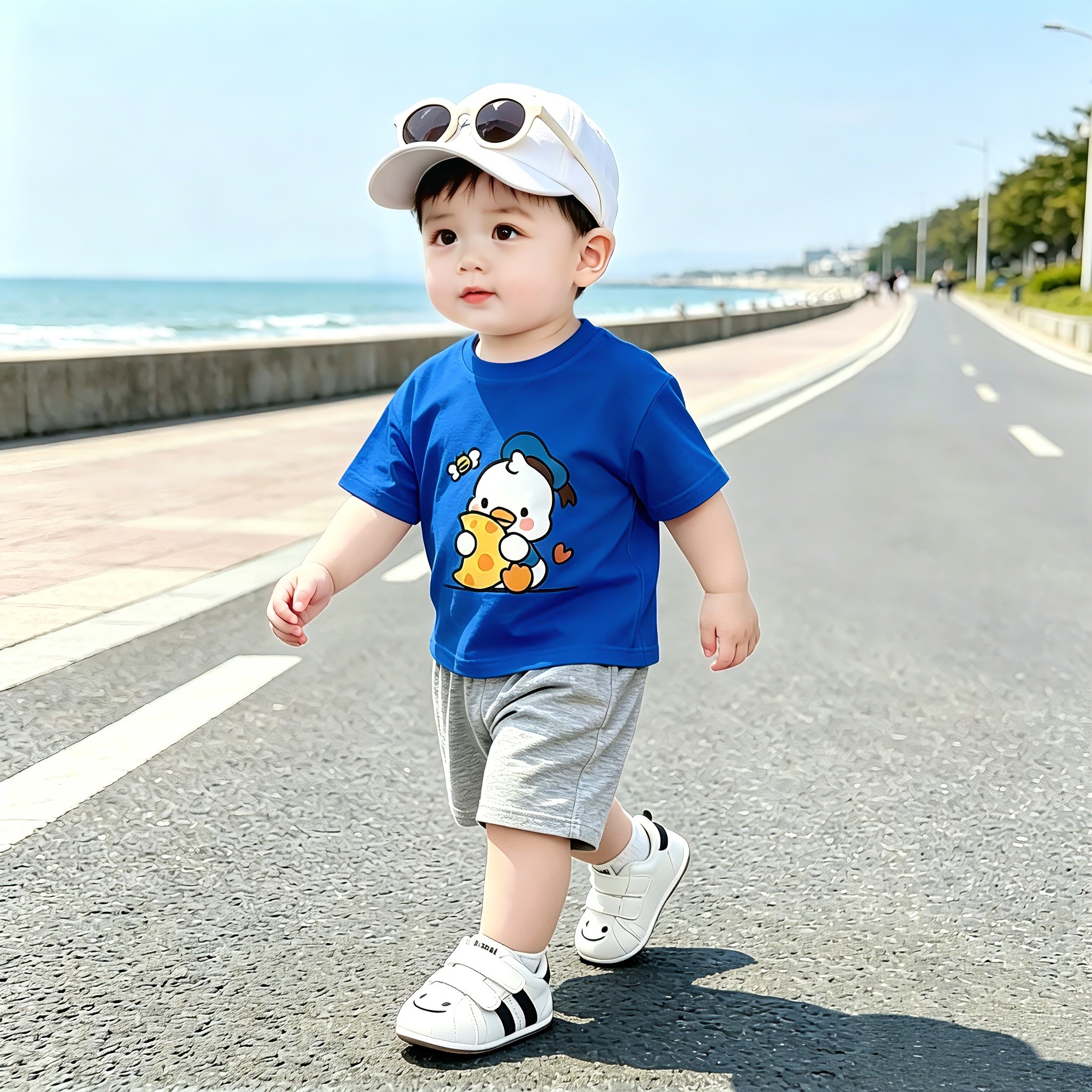 .2026新款男宝宝夏装纯棉卡通鸭短袖T恤短裤套装儿童两件套外出服