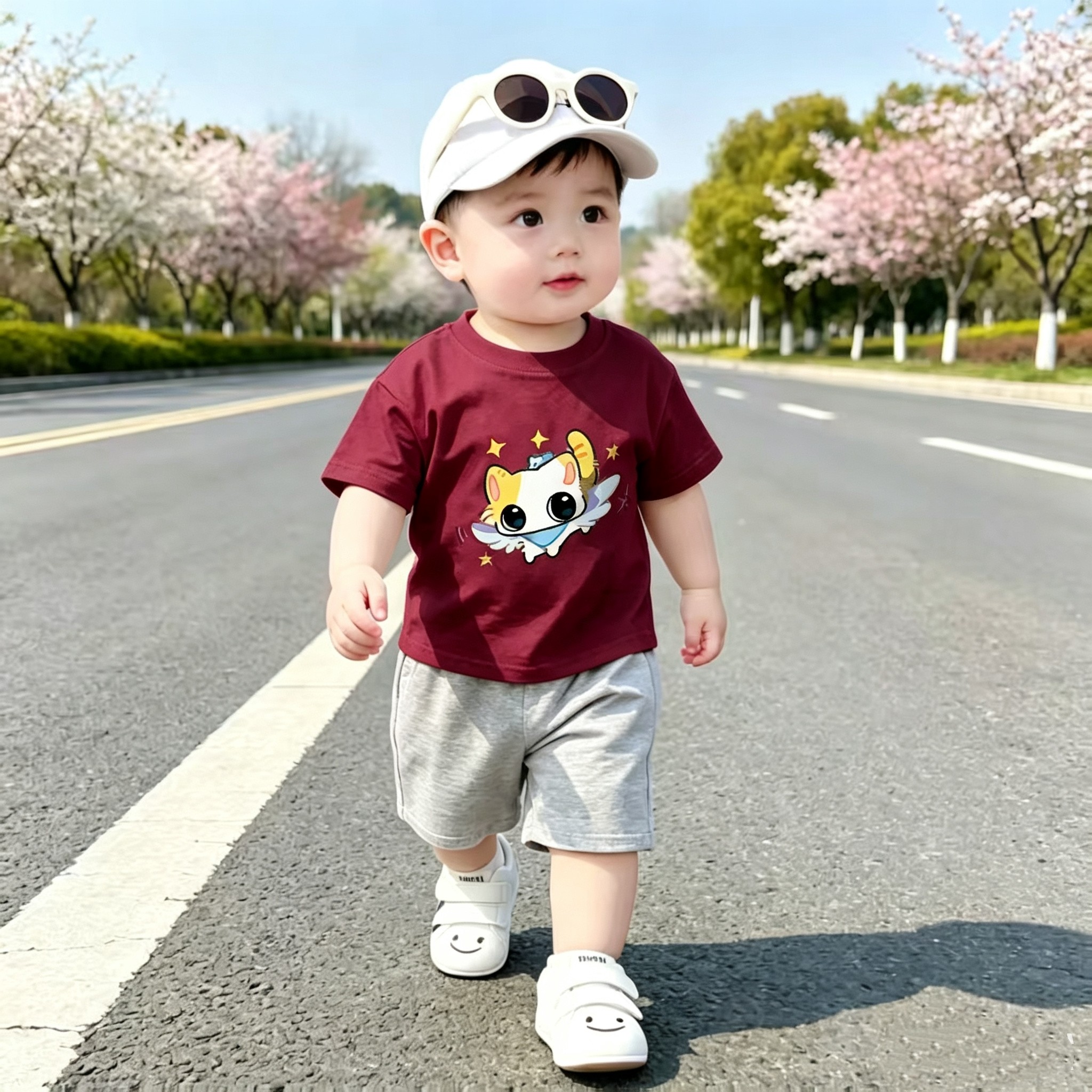 夏季薄款宝宝两件套儿童小猫印花全棉T恤套装婴幼儿纯棉休闲童装