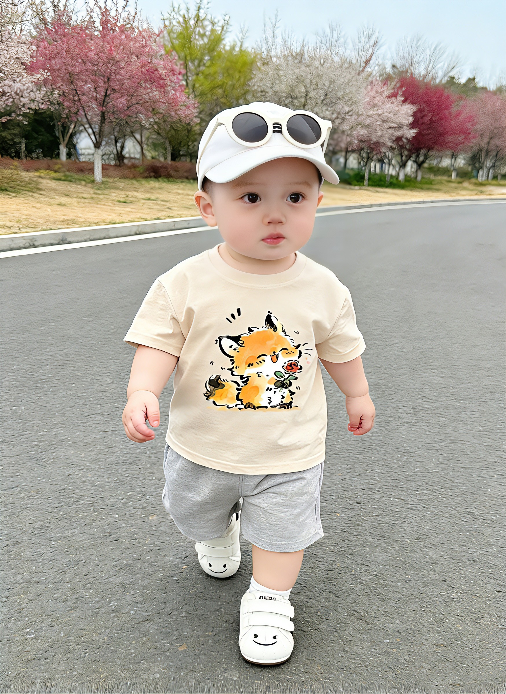 男童夏装纯棉短袖T恤1-4岁宝宝卡通狐狸印花婴幼儿洋气上衣套装