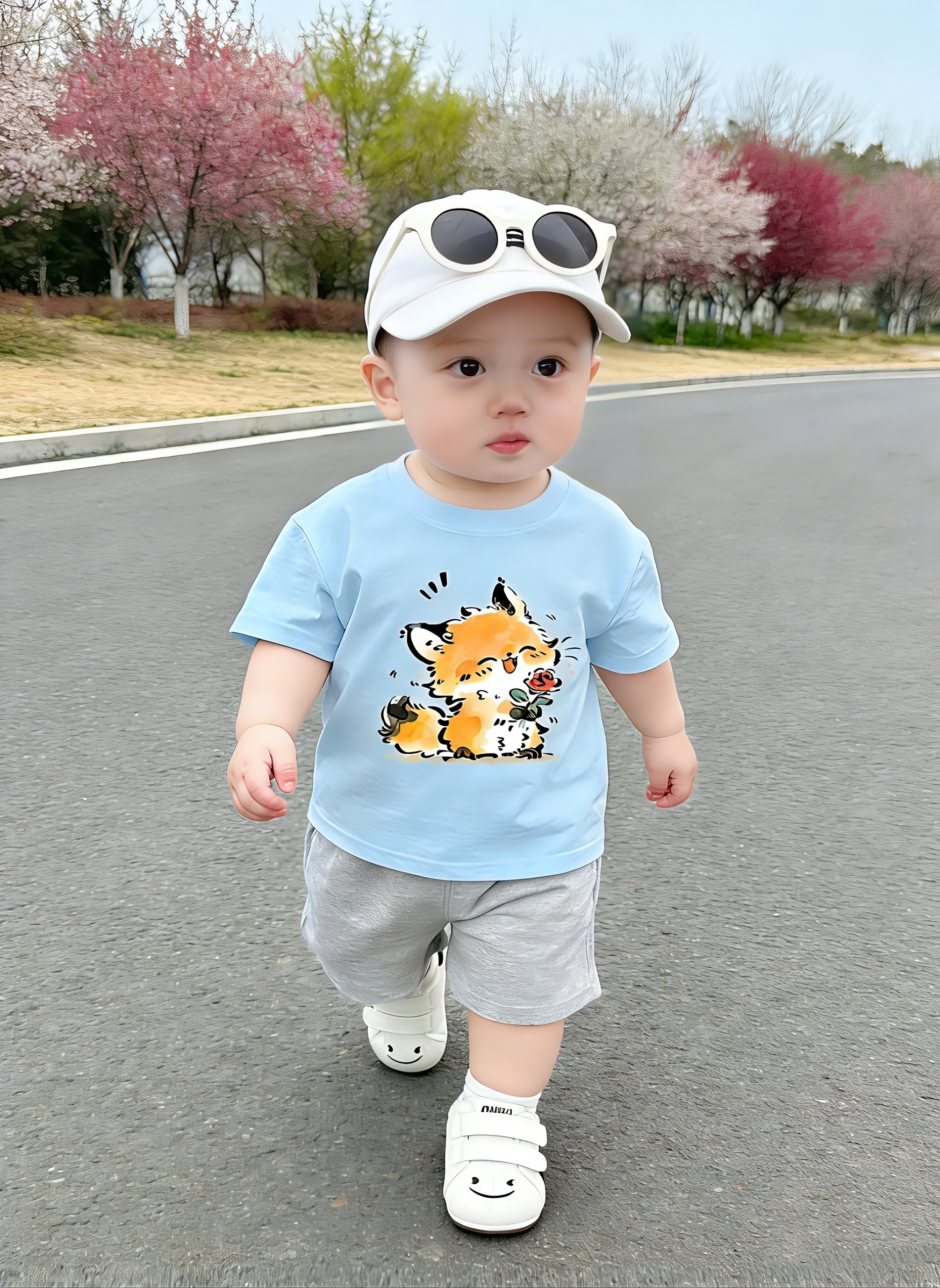 2026夏季新款男童纯棉短袖T恤卡通狐狸印花上衣宝宝洋气百搭套装